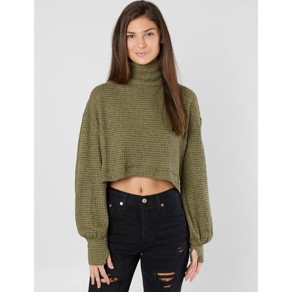 Free People Waffle Knit Cropped Top Women Small Green Oversized Lagenlook Boho - Picture 7 of 12